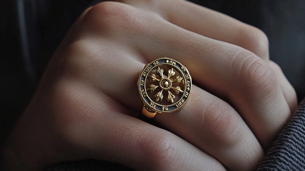 Gold Wheel of Dharma ring on hand, symbolizing the Noble Eightfold Path and Buddhist teachings.