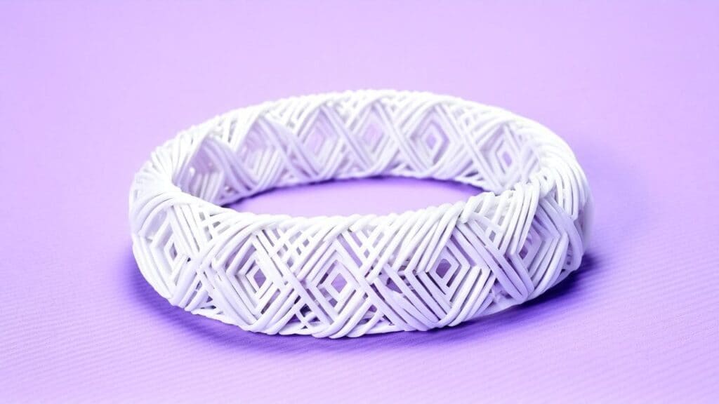 Intricately woven white 3D printed plastic bangle showcasing modern geometric design on a pastel purple background.