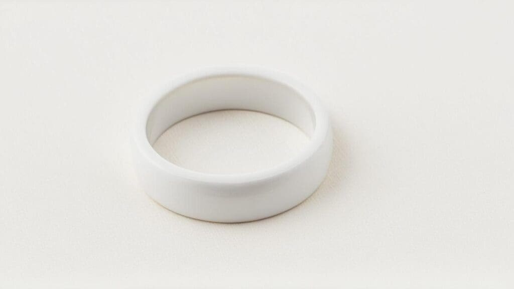 Clean white ceramic ring band with smooth matte finish showcasing minimalist modern jewelry design