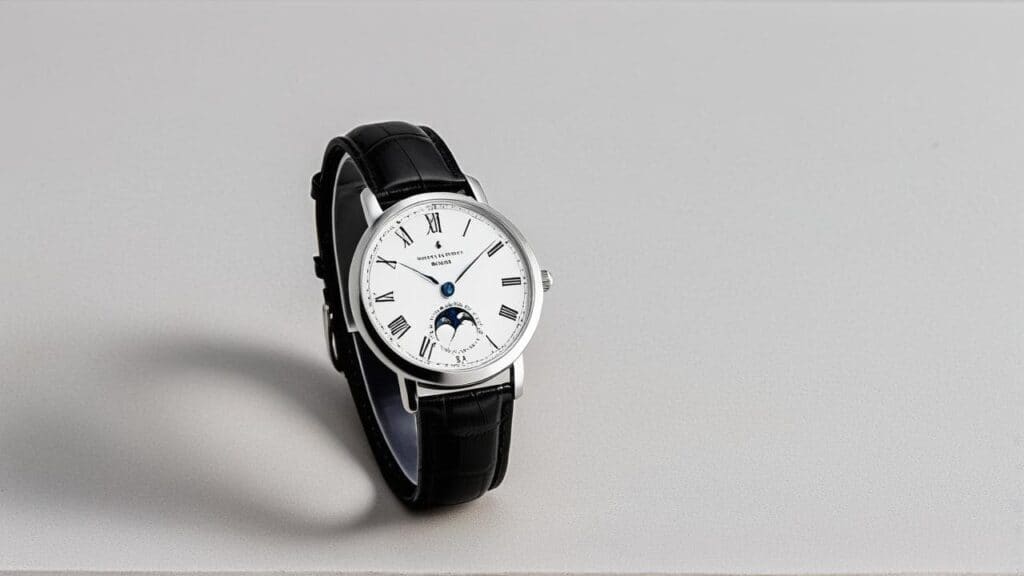 Classic moonphase watch with white dial featuring Roman numerals, black leather strap, and traditional bosom-style moon phase display