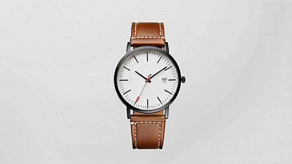 Clean white dial watch with brown leather strap featuring precise hour markers and quality case finishing for authenticity verification