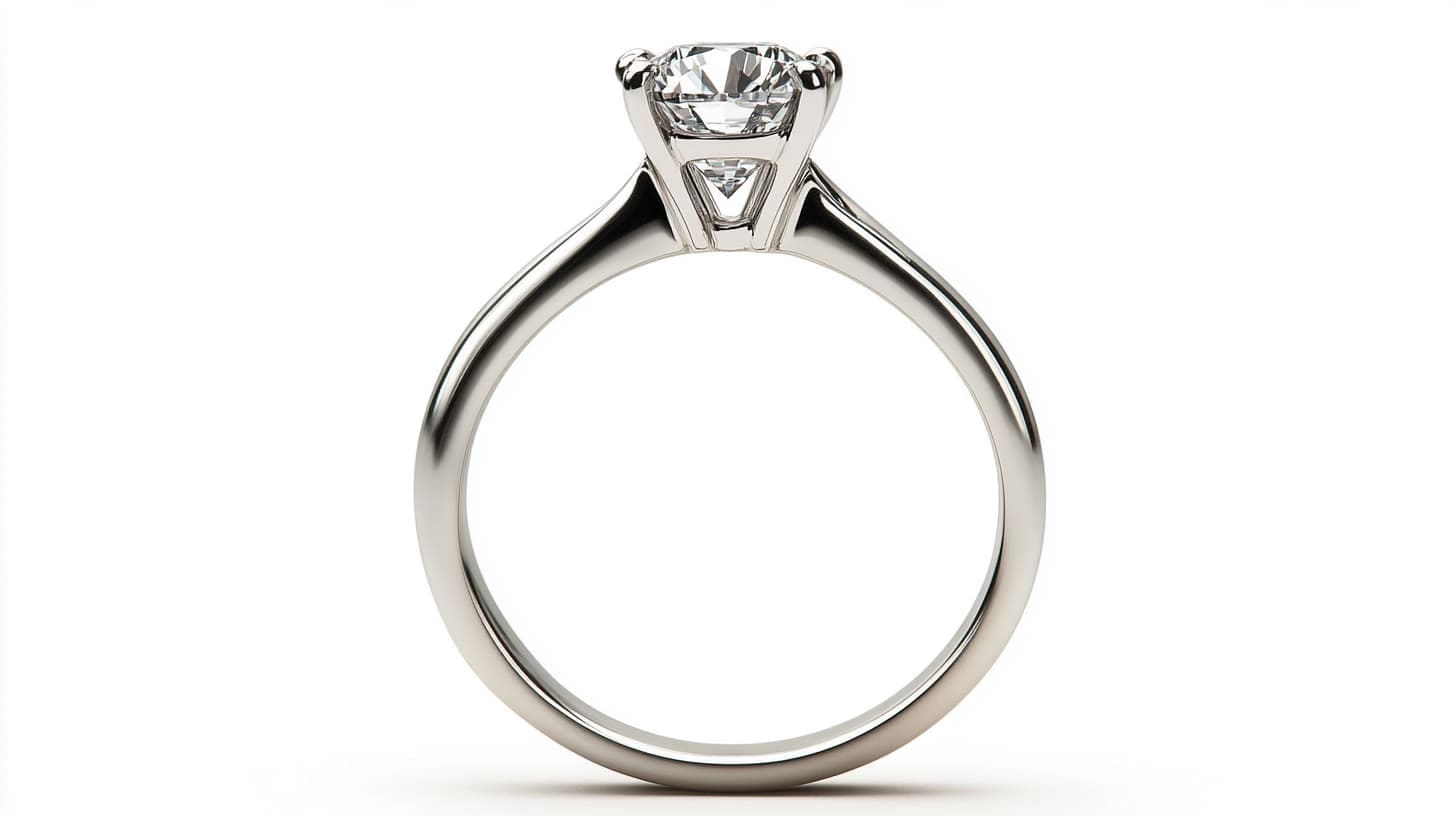 Profile view of a white gold solitaire showing the basket holding the diamond
