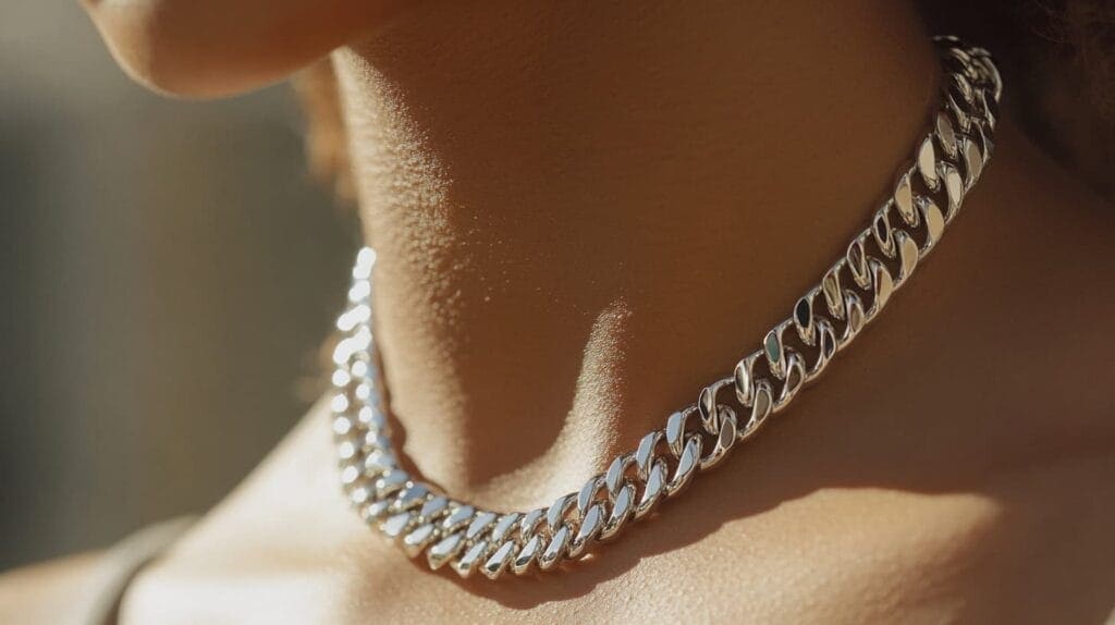 Close-up of a white gold chain necklace showing its polished shine
