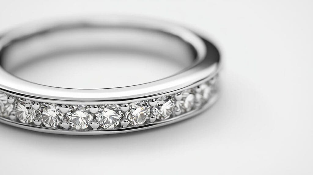White gold ring featuring a row of round diamonds in a channel setting, highlighting its modern and sophisticated craftsmanship.