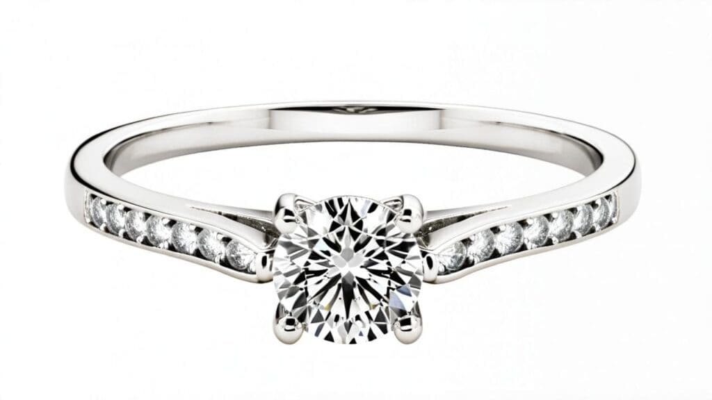 White gold diamond engagement ring with round center stone and channel-set diamond accent stones along the tapered band