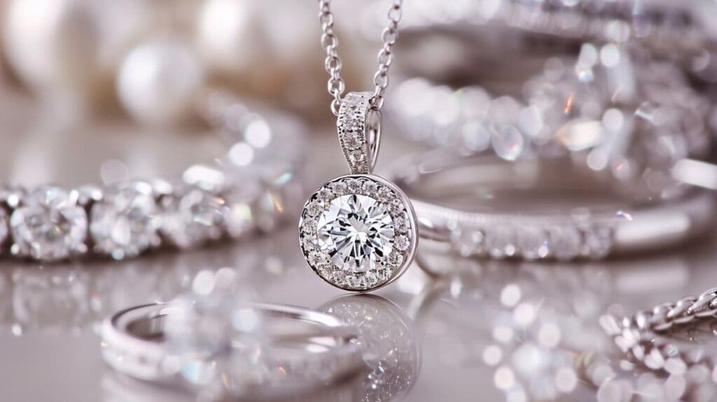 White gold diamond necklace showing potential color changes over time, exploring if white gold tarnishes