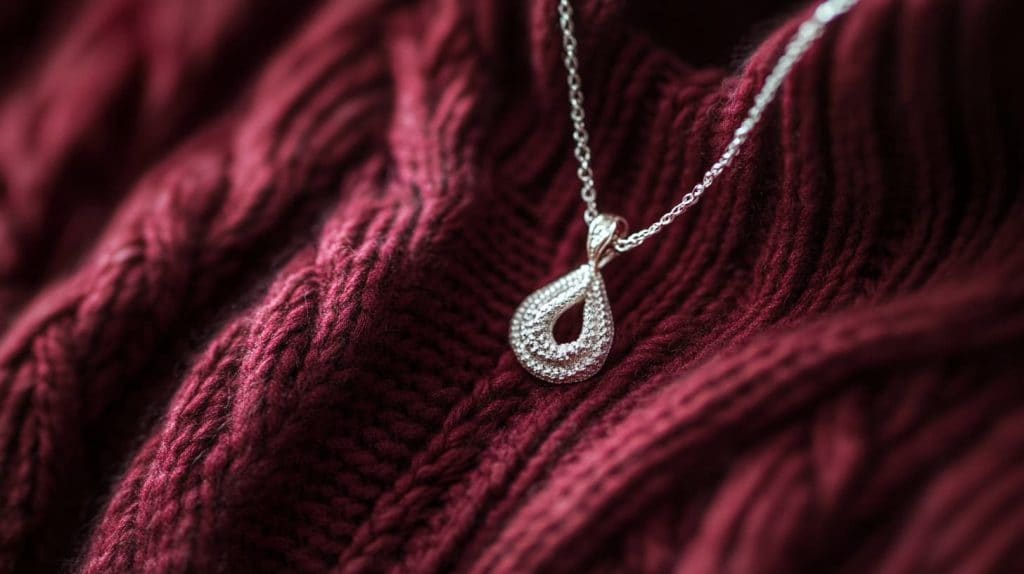 White gold pendant necklace paired with a rich burgundy sweater, creating a sophisticated winter outfit combination.