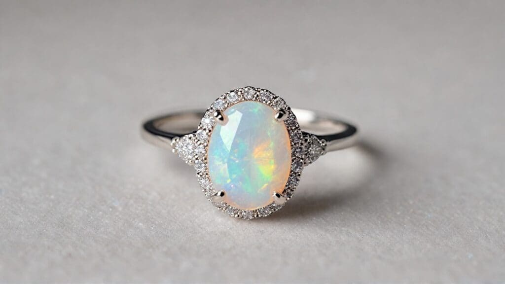 A sophisticated white gold opal engagement ring with an oval opal centerpiece, surrounded by a dazzling diamond halo for added brilliance.