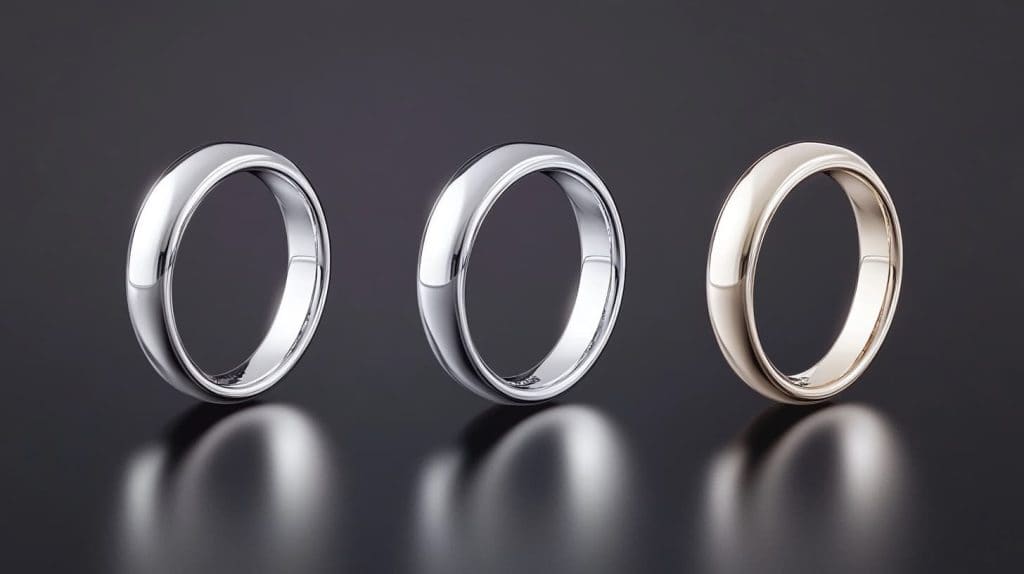 Side-by-side comparison of three rings made of white gold, platinum, and palladium on a reflective dark surface, showcasing differences in color and finish.