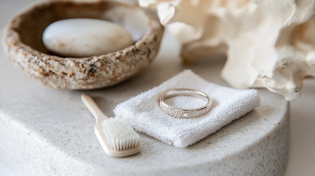 White gold ring placed on a soft white cloth alongside a wooden toothbrush and natural stone accents, illustrating proper at-home cleaning tools for jewelry care.