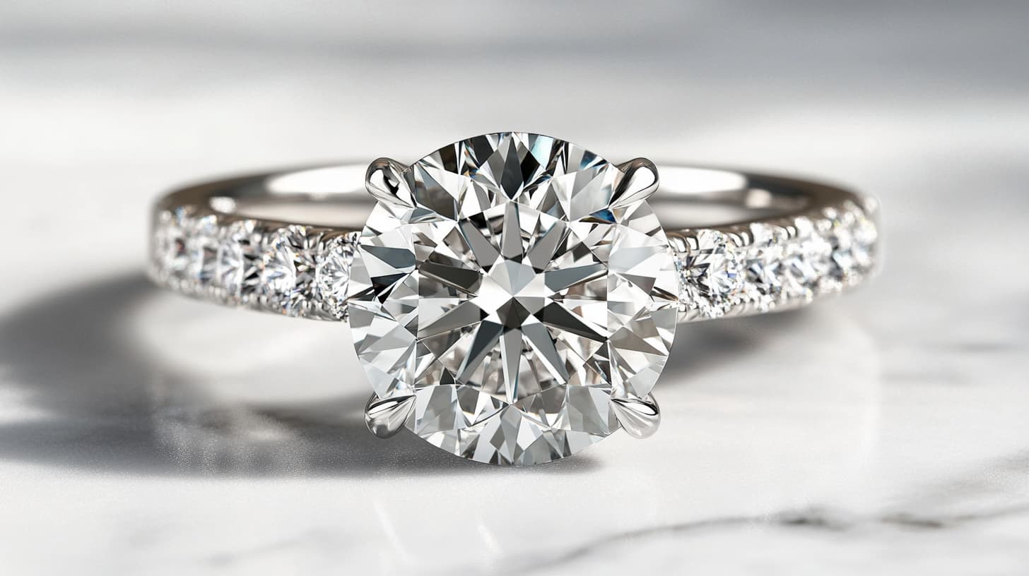 Round brilliant diamond solitaire on a pave white gold band on marble