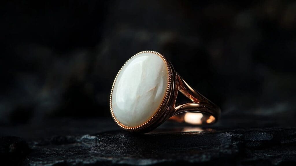 Elegant white jade ring set in a gold band, displayed against a dark background to highlight its creamy texture and vintage style.