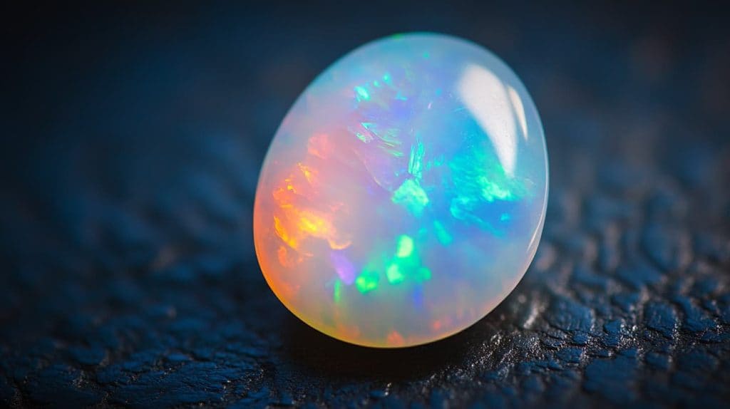 A luminous white opal with a radiant play-of-color showcasing shades of green, orange, and blue, symbolizing October's traditional birthstone.