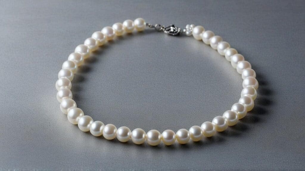 Classic white pearl necklace with silver clasp photographed on dark slate background