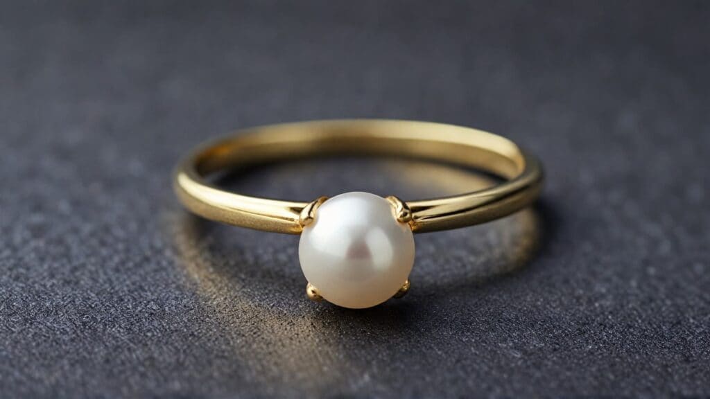 A minimalist white pearl solitaire engagement ring set in a simple yellow gold band, offering a timeless and sophisticated design.