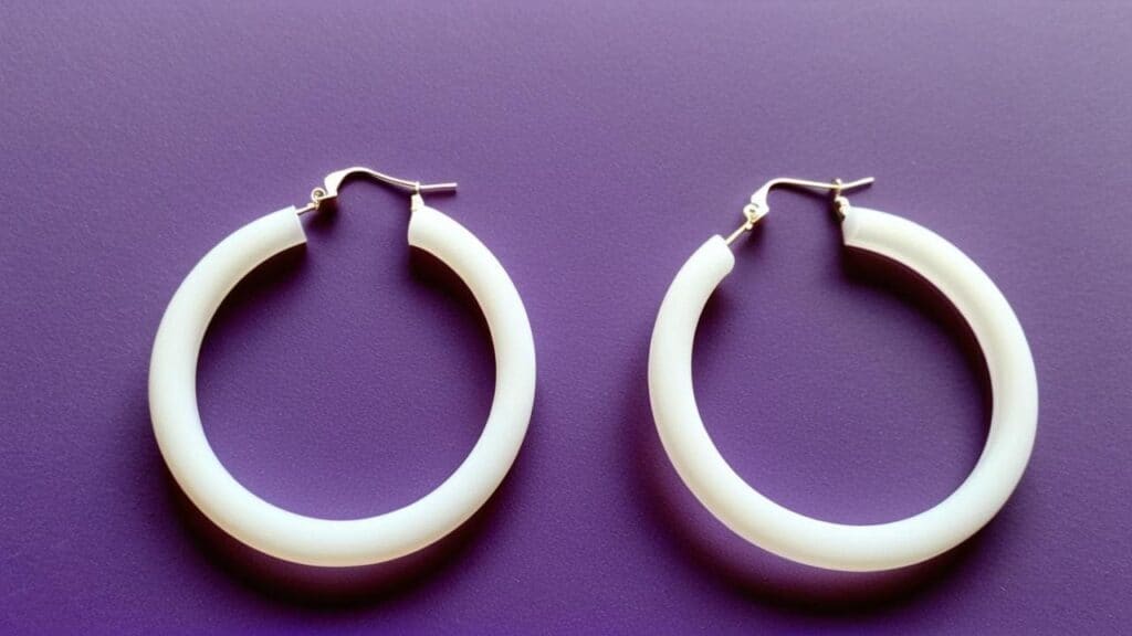 White silicone hoop earrings with gold metal clasps displayed on purple background, showing lightweight hypoallergenic jewelry alternative
