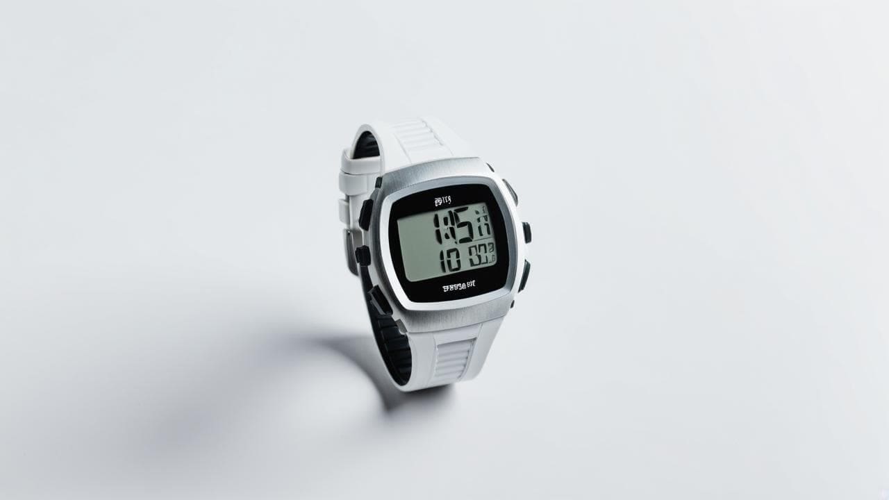 White digital sports watch with an LCD display and ribbed rubber strap