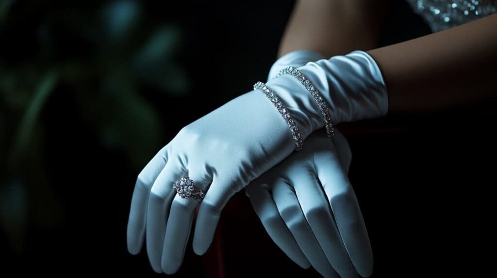 A pair of hands in elegant white gloves adorned with diamond bracelets and a statement ring, reflecting the sophistication of white tie jewelry etiquette.