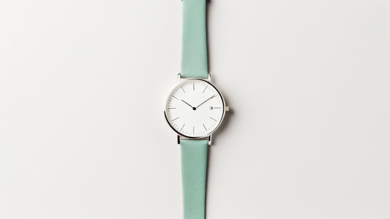 Slim watch with white dial and mint green leather strap on a white background