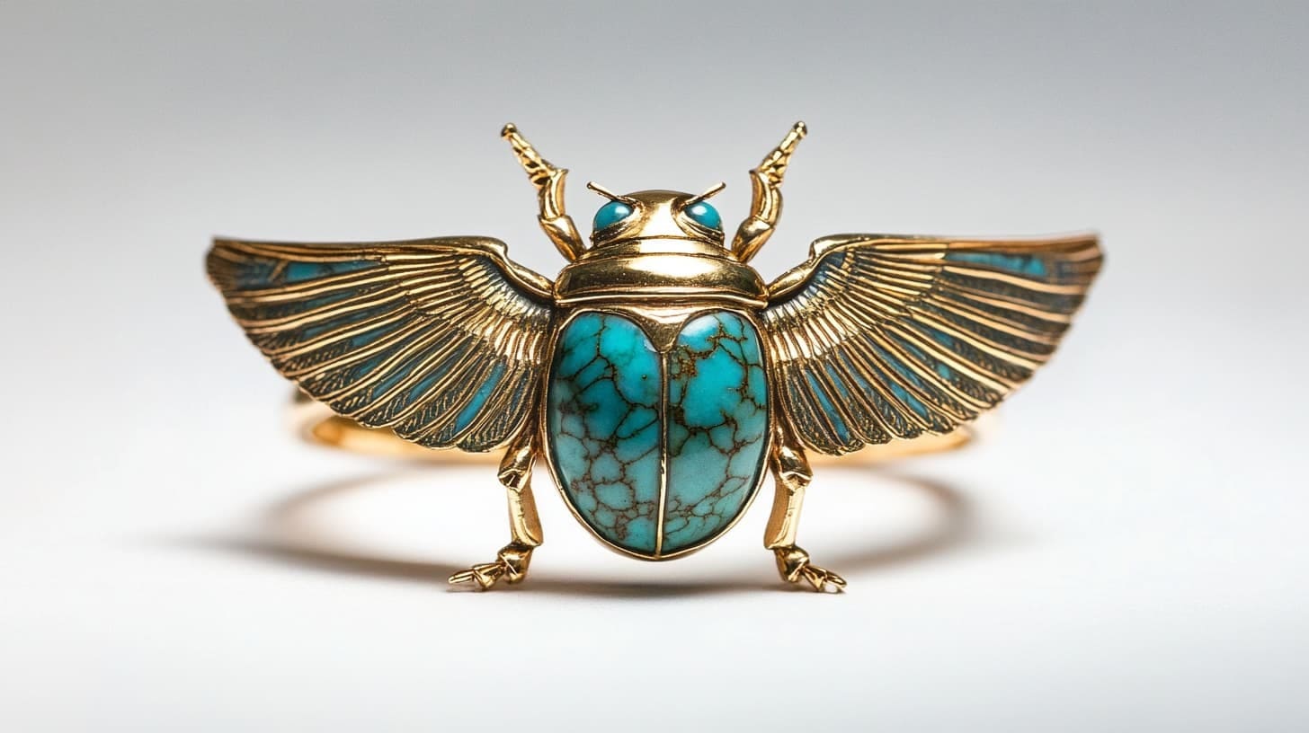 Gold winged scarab bracelet with turquoise inlay on a pale background