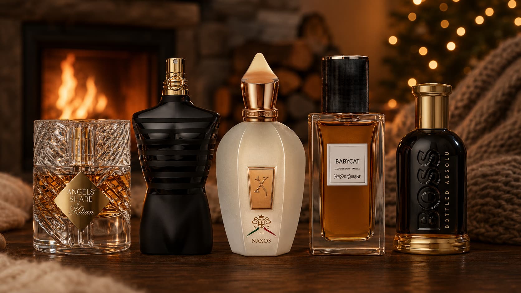 Winter perfume collection featuring Kilian Angels' Share, Jean Paul Gaultier Le Male Le Parfum, Xerjoff Naxos, Yves Saint Laurent Babycat, and Hugo Boss Bottled Absolu by a fireplace
