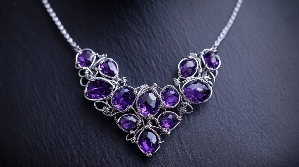 Elegant wire-wrapped necklace featuring multiple faceted amethyst gemstones set in intricate silver wirework, displayed on a dark background.