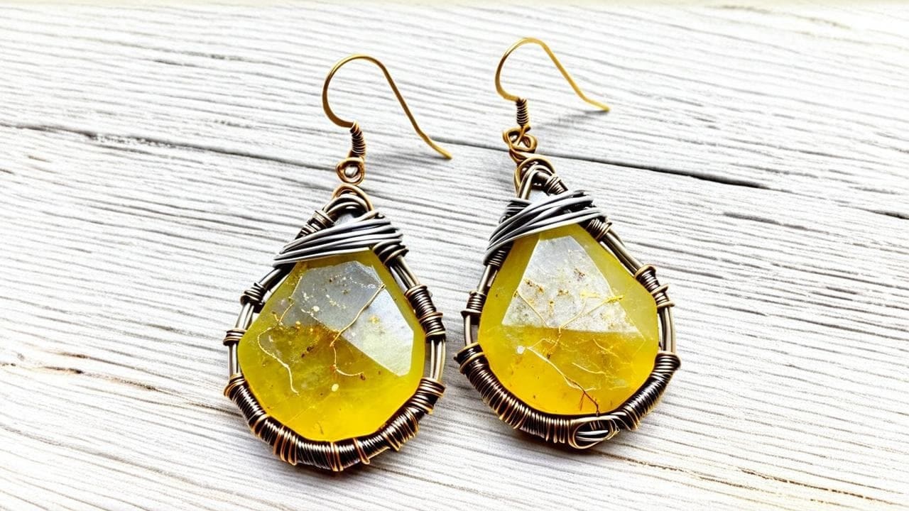 Teardrop copal earrings in yellow resin wrapped with bronze wire on white wood