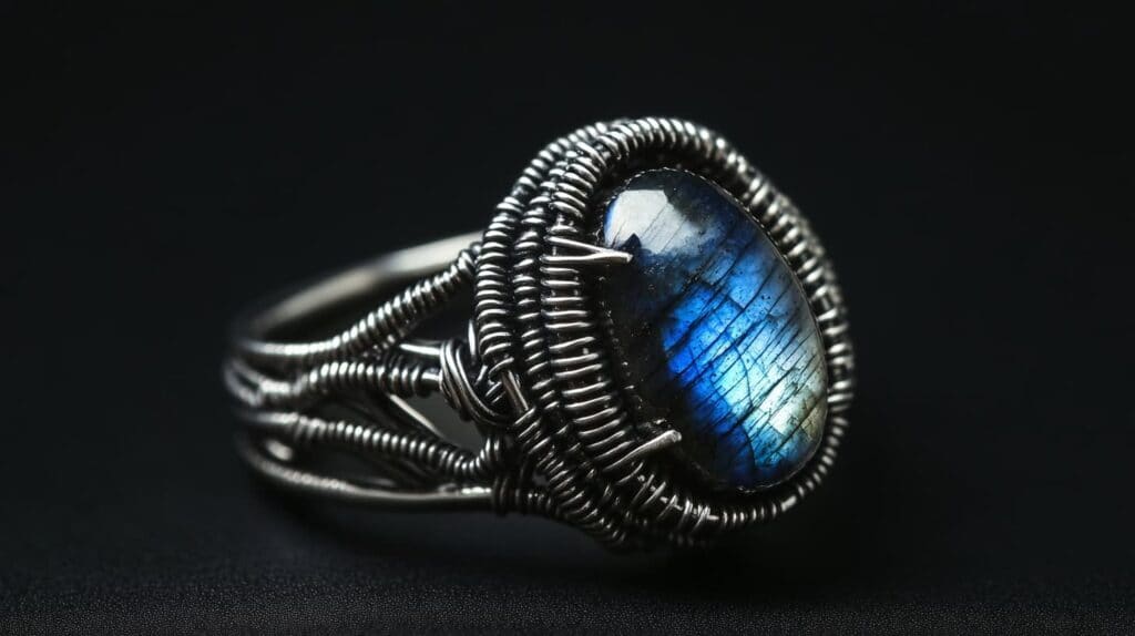 Intricately designed wire-wrapped ring featuring an oval labradorite gemstone with a blue iridescent sheen, set in dark silver wirework.