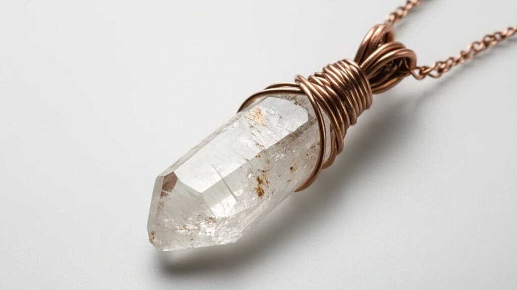 Handmade wire-wrapped pendant featuring a raw quartz crystal wrapped in copper wire, suspended on a matching chain against a white background.