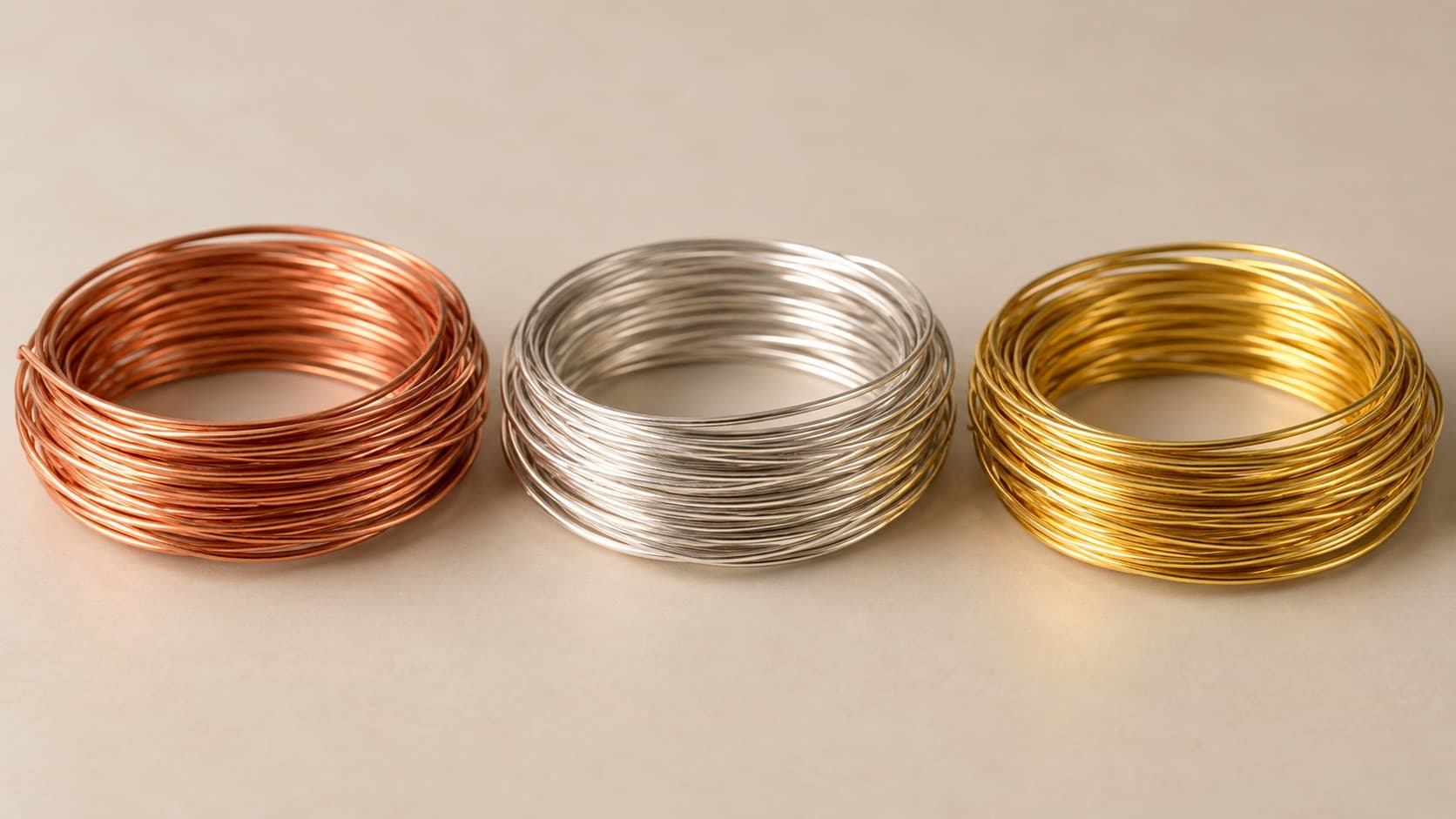 Copper, silver, and gold wire coils used for wire wrapping jewelry