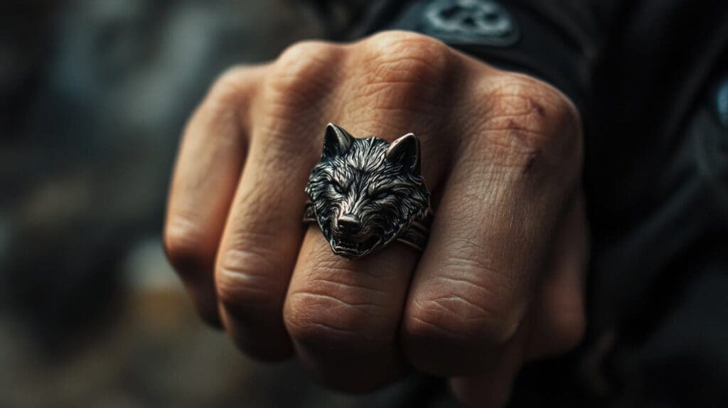 Close-up of a detailed wolf head ring on a hand, symbolizing personal strength, protection, and resilience.