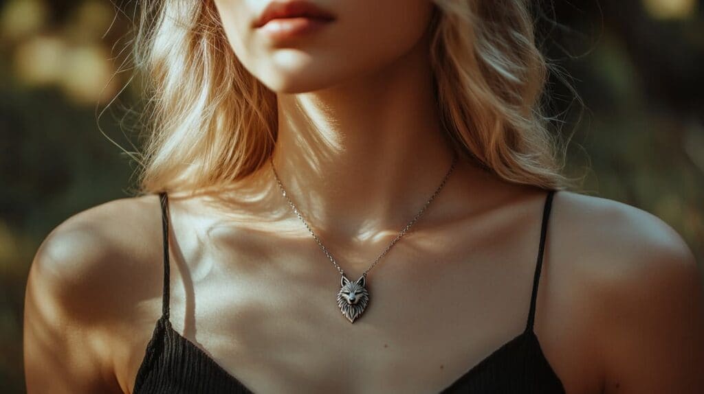 Young woman wearing a wolf pendant necklace, symbolizing inner strength, independence, and connection to natural wisdom.