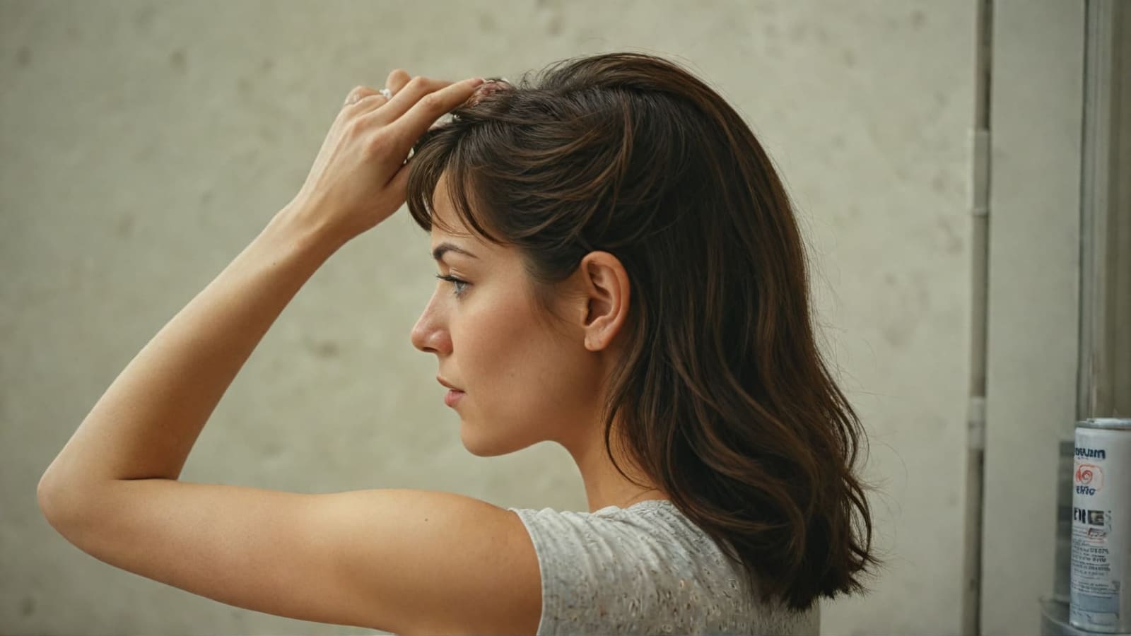 Woman wearing a ring styling her hair in a bathroom beside hair product cans