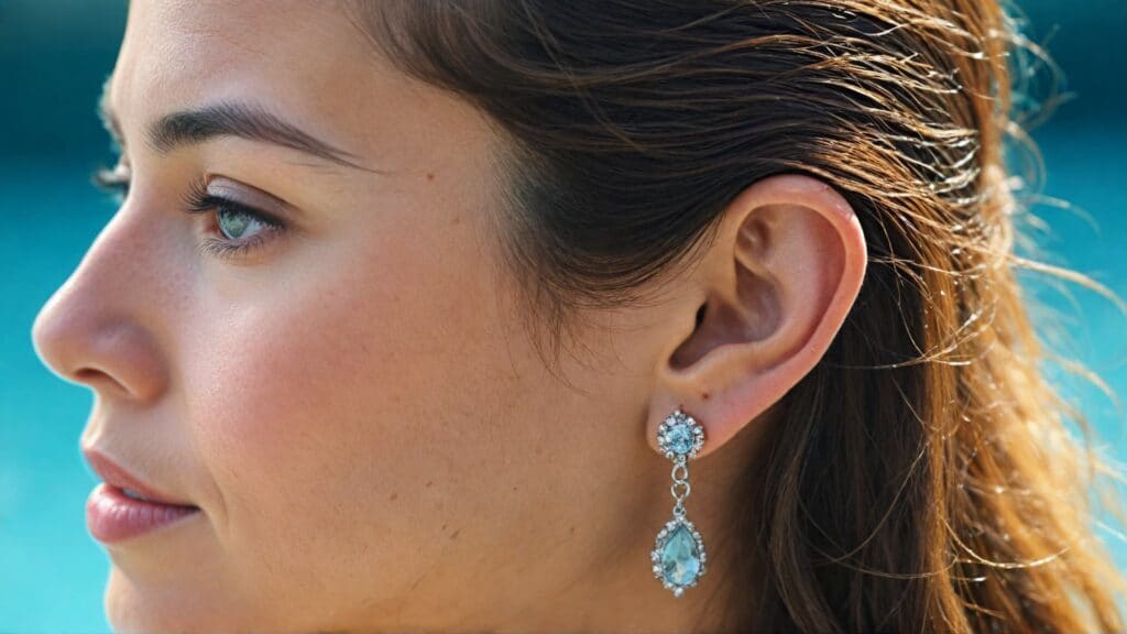 Close-up of woman's ear with elegant diamond drop earrings near swimming pool, demonstrating piercing and water safety considerations