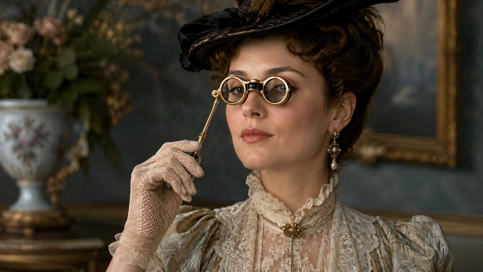 Woman in Victorian dress holding a gold lorgnette up to her eye