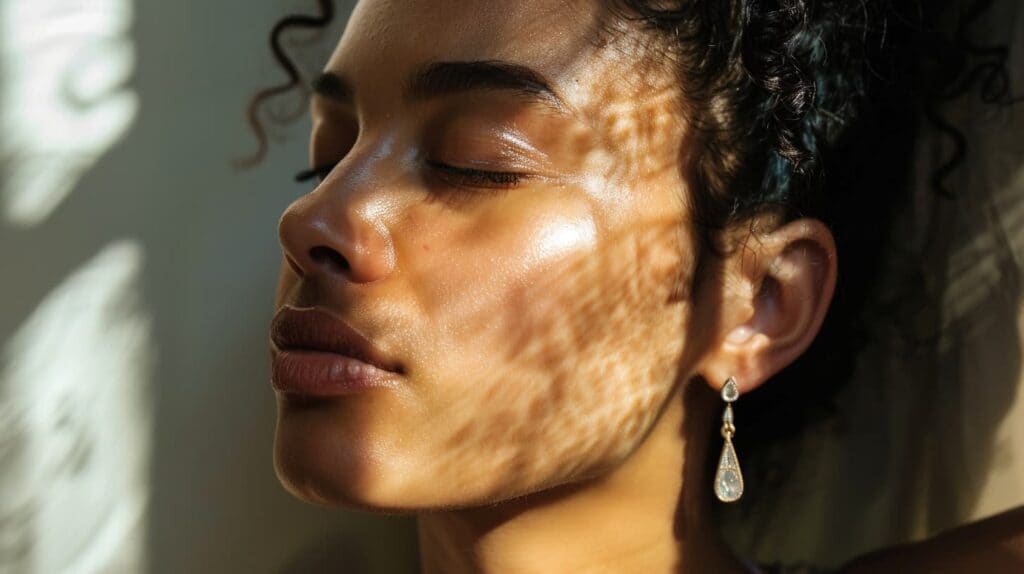 Woman in sunlight with shadows on her face, wearing a teardrop earring