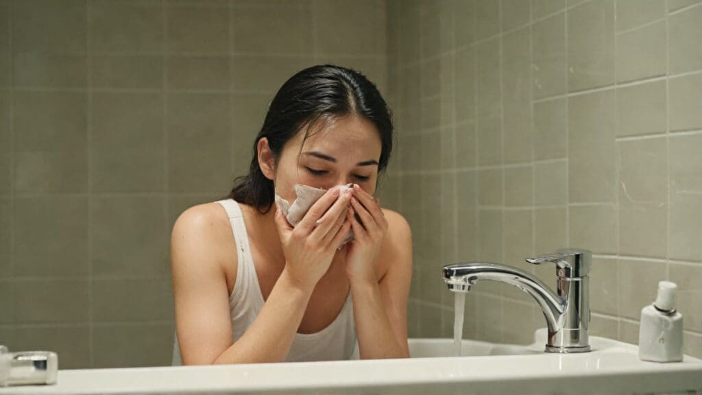 Woman washing her face at bathroom sink with clean hands, demonstrating proper facial hygiene for new piercing care
