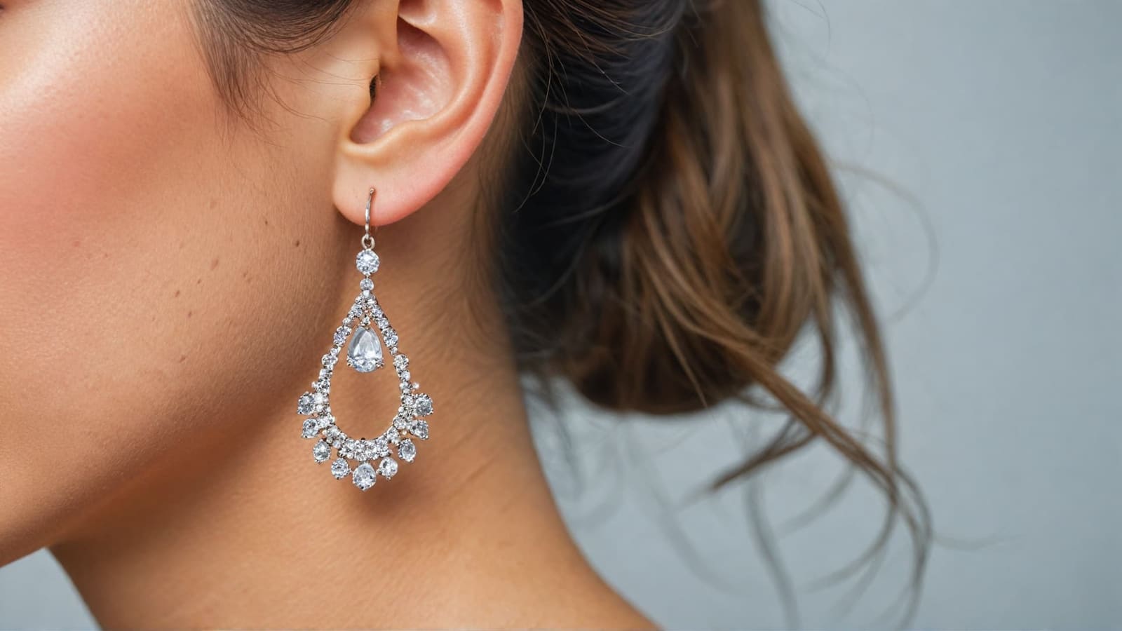 Woman wearing a teardrop-shaped crystal chandelier earring, shown in profile