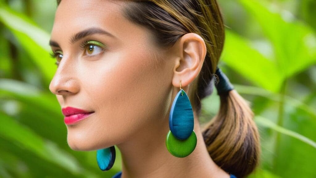 Woman wearing vibrant green and blue tagua nut earrings, representing sustainable and ethical fashion choices
