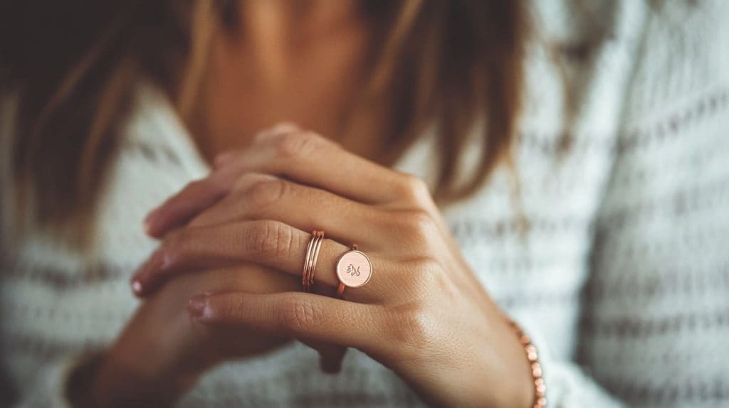 Woman wearing stylish copper rings and bracelets, emphasizing the warm tones and artisanal craftsmanship of the jewelry.