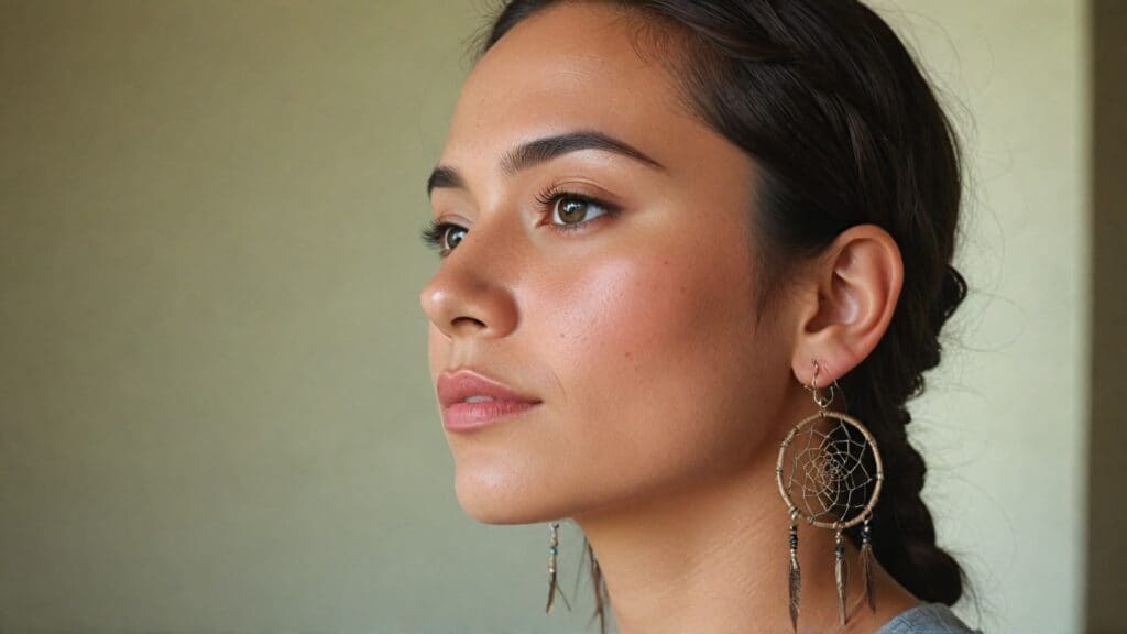 Side profile of a woman wearing handcrafted dreamcatcher earrings with intricate webbing and feather charms, reflecting Native American-inspired jewelry design.