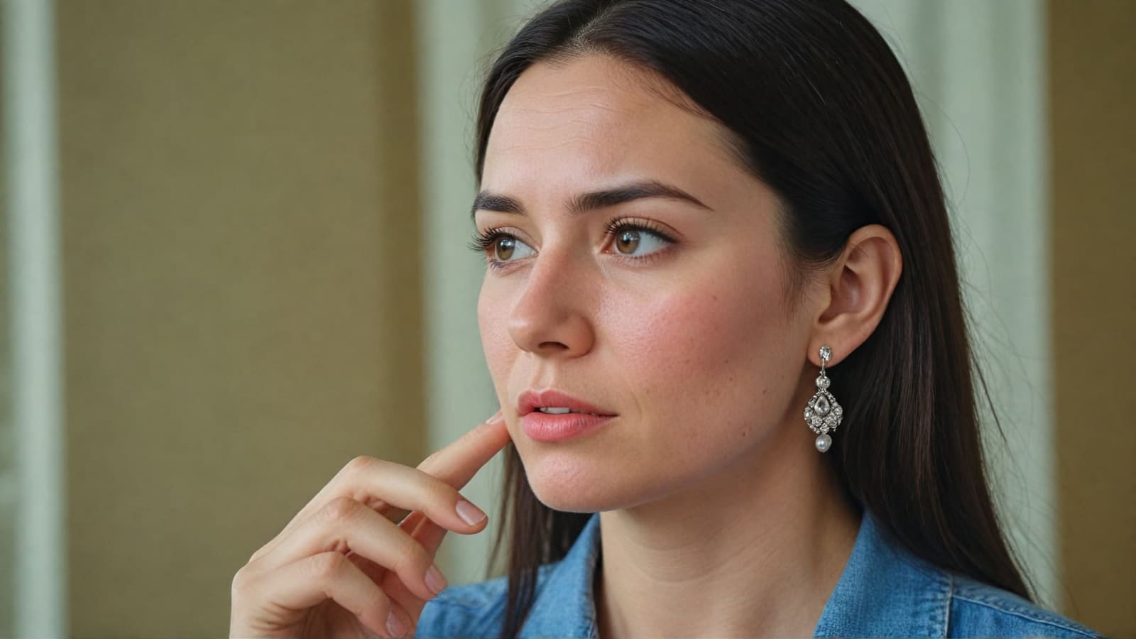 Woman in a denim shirt wearing a crystal and pearl drop earring, looking away