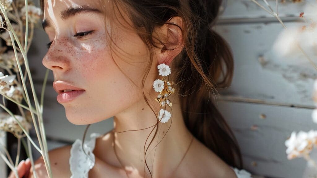 Woman with closed eyes wearing floral statement earrings with thicker posts for added support and durability