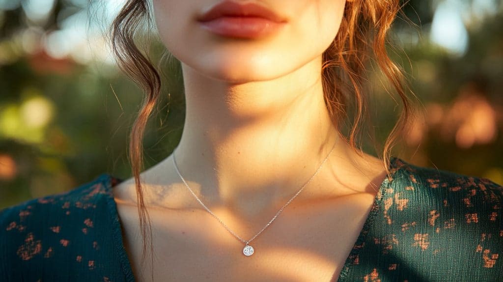 A woman wearing a delicate German silver pendant necklace, paired with a green patterned dress in soft outdoor lighting.