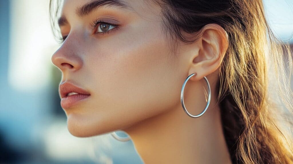 Profile of a woman wearing large silver hoop earrings against a soft background.