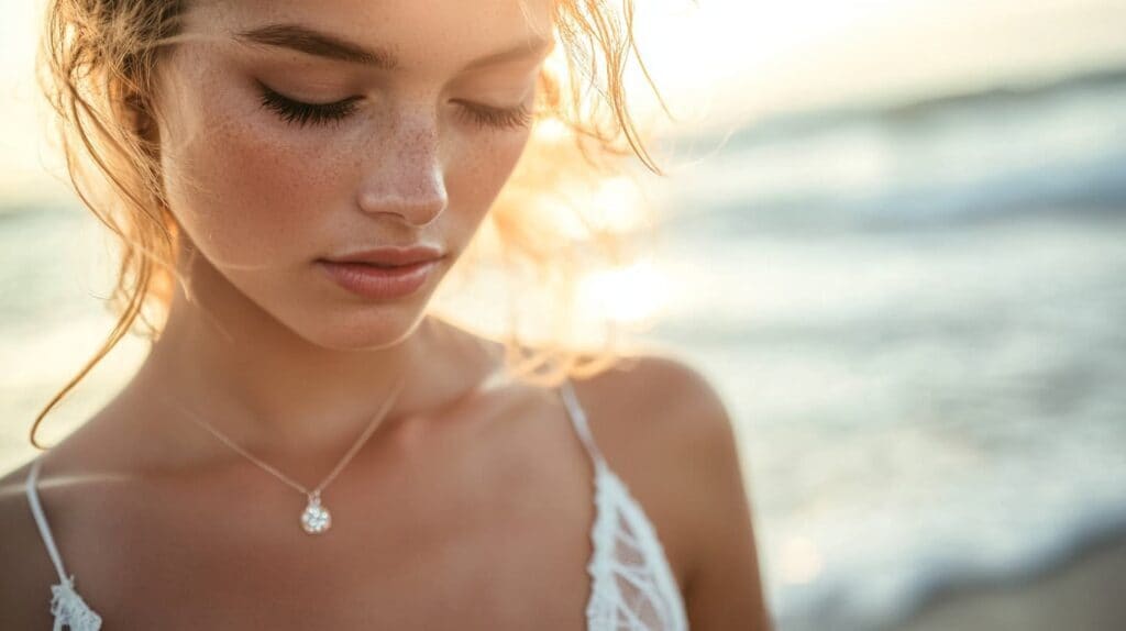 A young woman wearing a delicate pendant necklace at the beach, illustrating the risk of water exposure to fine jewelry.