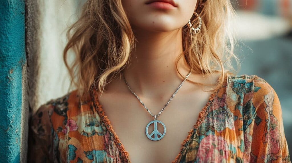 Woman wearing a silver peace sign necklace with a bohemian-style outfit, symbolizing hope and personal expression.