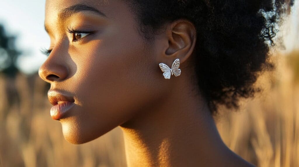 Profile of a woman wearing silver butterfly stud earrings, showcasing elegant minimalist jewelry.