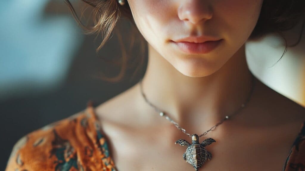 Young woman wearing a silver turtle necklace, symbolizing groundedness and connection to nature.