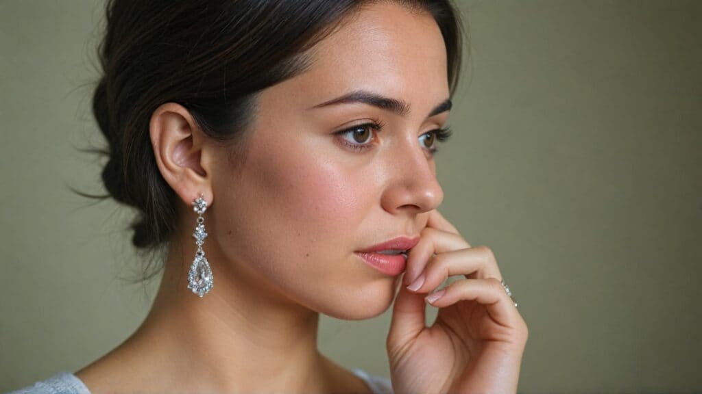 Woman wearing elegant chandelier drop earrings demonstrating statement earring style and security considerations
